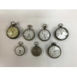 Seven late Victorian silver open face pocket watches including five with key wind movements