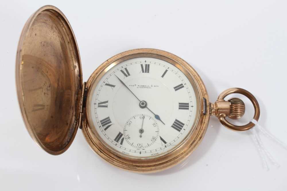Early 20th century Hunter pocket watch by Thomas Russell & Son , Liverpool in American gold plated c