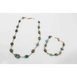 Edwardian gold and turquoise necklace and bracelet with turquoise beads interspaced by sections of g