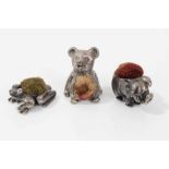 Three silver/white metal novelty miniature animal pin cushions