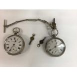Two late Victorian silver open face key wind pocket watches , one with silver chain and two keys