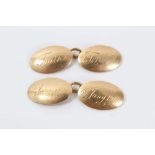 Pair of George V 18ct gold cuff links, oval, engraved with initials and dates 9.6g