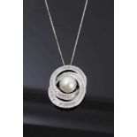 Diamond and cultured pearl pendant in 18ct white gold setting on 18ct white gold chain, estimated to