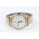 1950s gentlemans Omega 9ct gold wristwatch with silvered dial, centre seconds, bubble back to case o