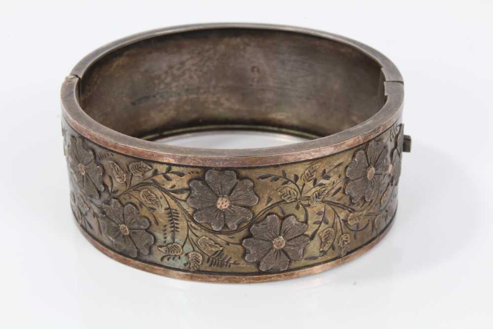 Two Victorian silver hinged bangles, one with applied and textured floral design, Birmingham 1883, t - Image 8 of 14