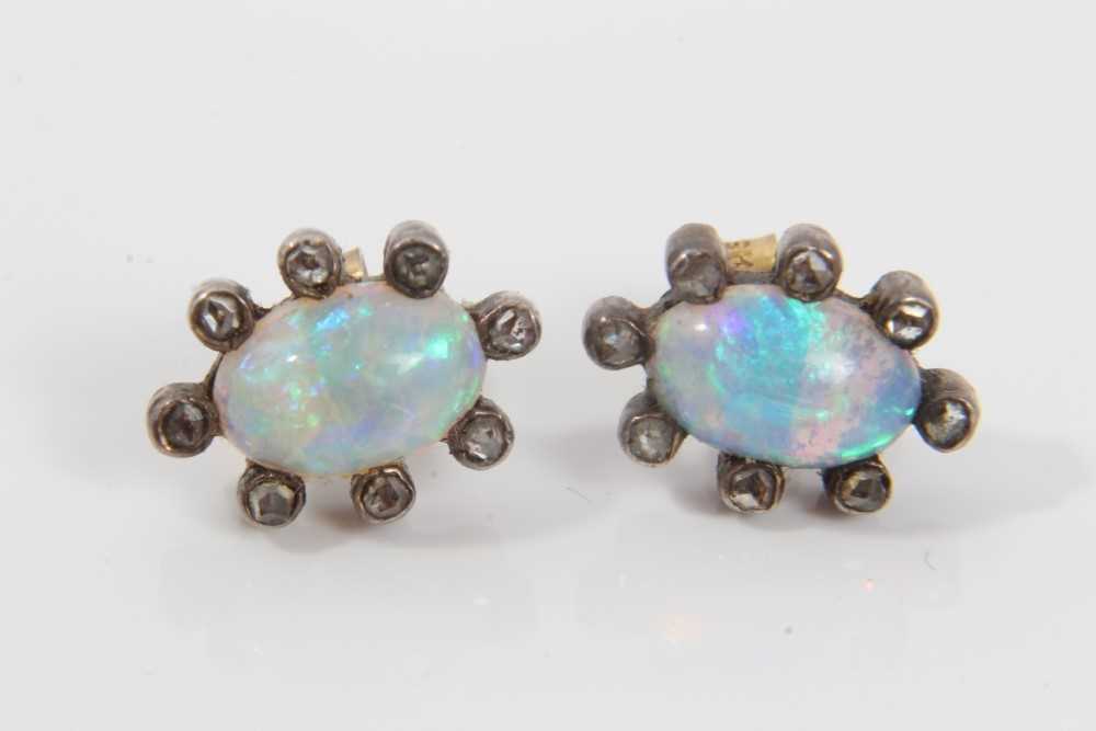 Pair of antique opal and diamond earrings, each with a opal cabochon surrounded by rose cut diamonds - Image 3 of 4