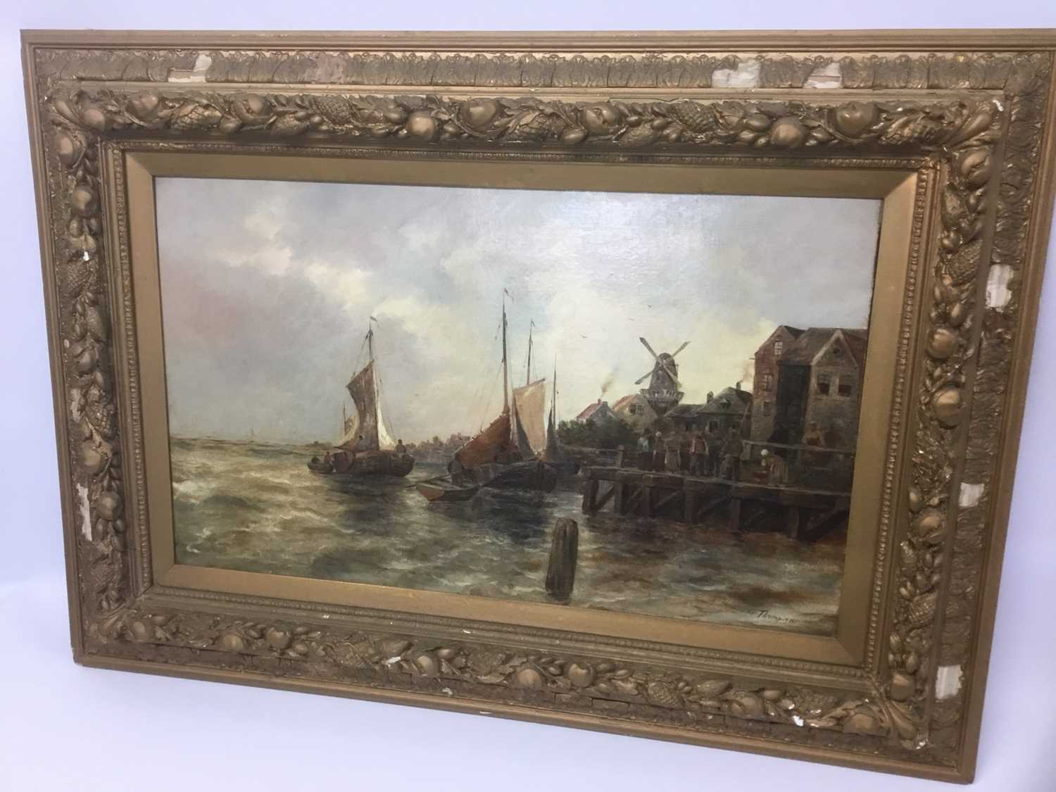 Continental school, late 19th century, oil on canvas, boats off a quay, signed Thompson, 51 x 81cm,