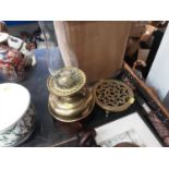 Edwardian brass oil lamp, brass trivet, two watercolours and vintage walking sticks and parasols/umb