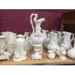 Good collection of Victorian white glazed Parian ware jugs