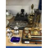 Edwardian walnut and brass inkstand, vintage miners lamp, pair of Japanese vases and other items