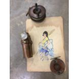 Two antique fishing reels, miners lamp, 1920s watercolour