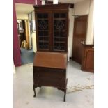 Edwardian mahogany bureau bookcase with inlaid decoration, on cabriole legs