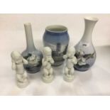 Three Royal Copenhagen porcelain vases, together with three Bing & Grondahl porcelain figures (6)