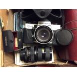 Cameras, lenses and accessories, two paint sets, dressing table sets and sundries