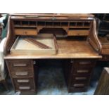 Early 20th century oak twin pedestal roll top desk