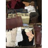 Collection of vintage textiles and luggage to include vanity cases, furs, leather garters, gloves, h