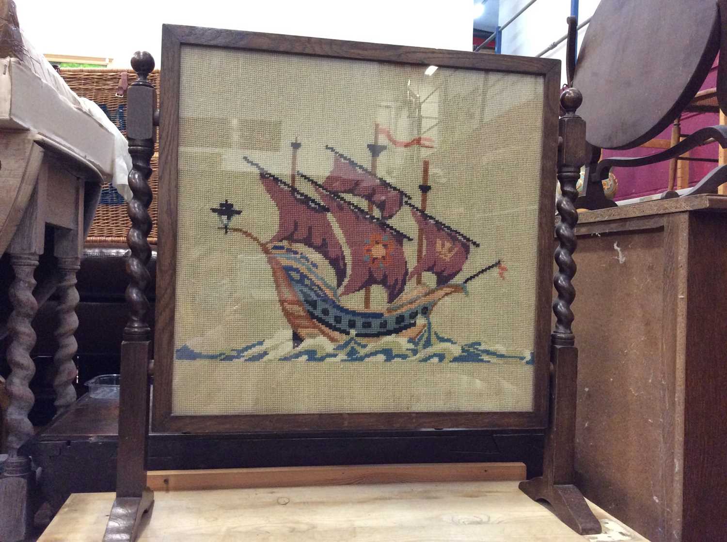Oak fire screen with embroidered ship panel on barley twist supports, oak umbrella/stick stand and l