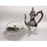 Georgian plated coffee pot together with a good quality cut glass biscuit barrel with plated mounts