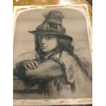 Group of 19th century and later unframed works to include a charcoal portrait