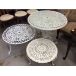 White painted aluminium circular garden table and two smaller garden tables (3)