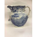 Large 19th century blue and white wash jug with Tyrolean landscape decoration