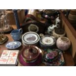 Two mantle clocks, Wedgwood embossed Queen’s ware jug, collectors plates and other decorative china
