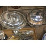 Silver plated muffin dish, plated entree dish, and other silver plated ware to include cutlery