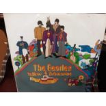 Box of 7 inch single records and three LP's including The Beatles Yellow Submarine