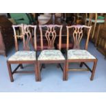Three 18th century mahogany chairs with pierced splat backs and drop in seats H97cm W48cm D41.5cm