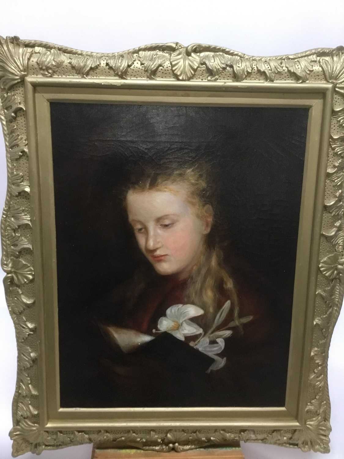 English School, 19th century, oil on canvas, portrait of a girl with lilies, titled to original labe