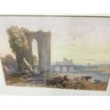Follower of John Varley, watercolour, cattle beside a ruined abbey, 23 x 29cm, together with an 18th