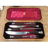 Good Quality Edwardian five piece carving set in fitted mahogany case by Wingfield Rowbotham & Co