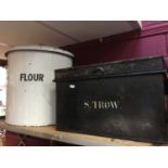 Large enamel flour bin, together with a copper warming pan and deed box