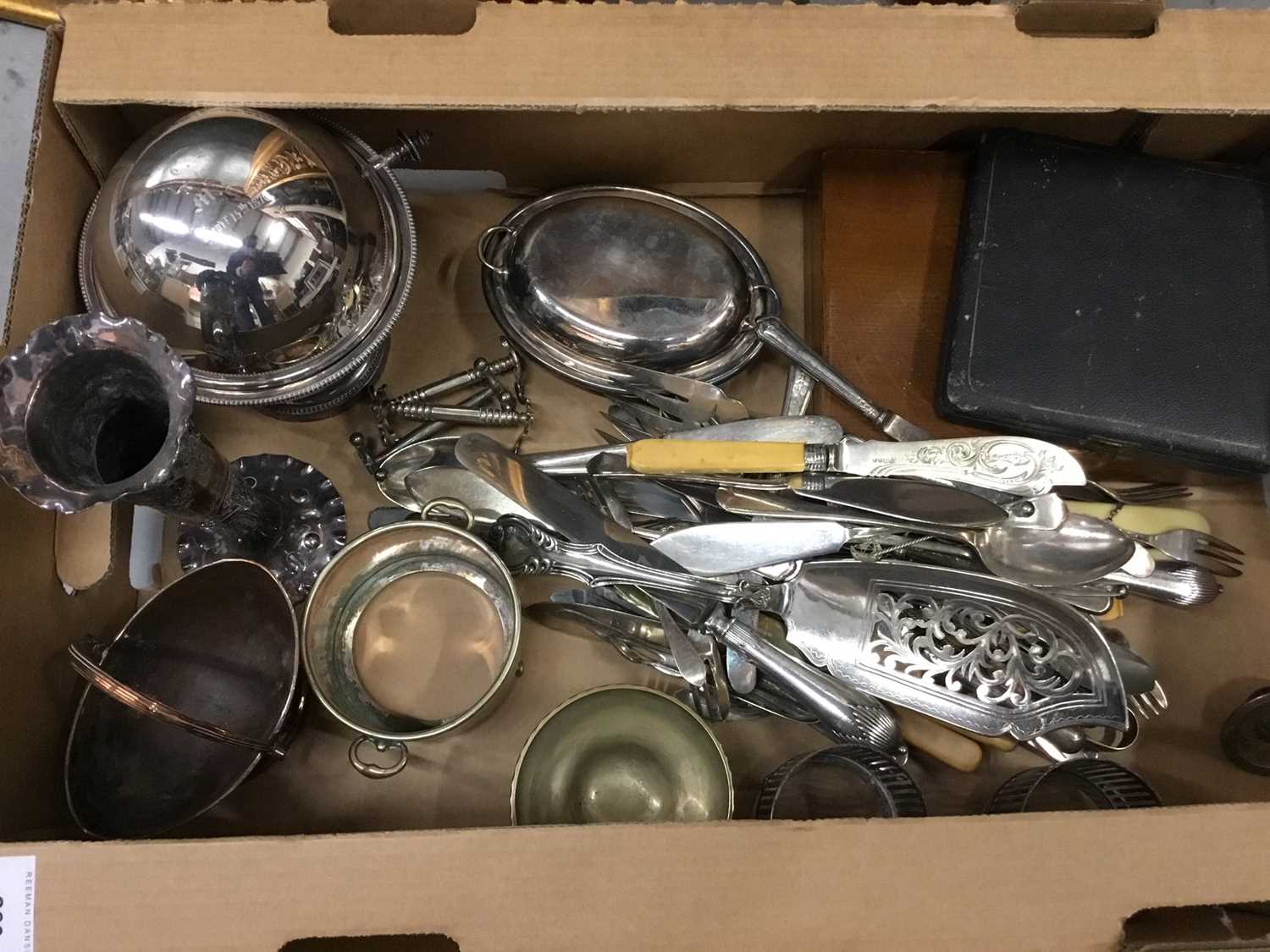 Assorted silver plated cutlery, Old Sheffield plate sugar basket, brass and metalware