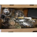 Assorted silver plated cutlery, Old Sheffield plate sugar basket, brass and metalware