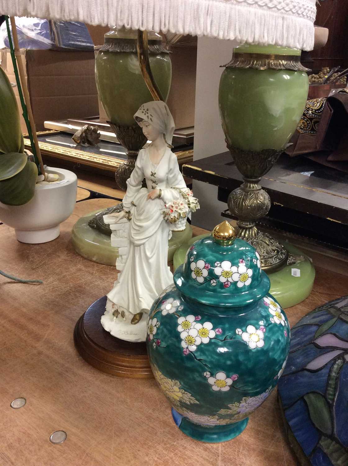 Pair green onyx table lamps with brass putti decoration, one other figure lamp, ceramic jar and arti - Image 3 of 6