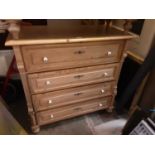 19th century pine chest of four long drawers with ceramic handles, 107cm wide, 52cm deep, 103cm high