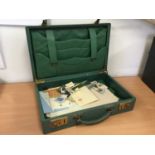 Mid 20th century green leather writing case with fitted interior, 36cm x 23cm