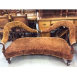 Good quality Victorian mahogany framed salon sofa with golden brown upholstery on turned front legs.