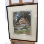 English school, early 20th century, watercolour, figure feeding chickens before a cottage, inscribed