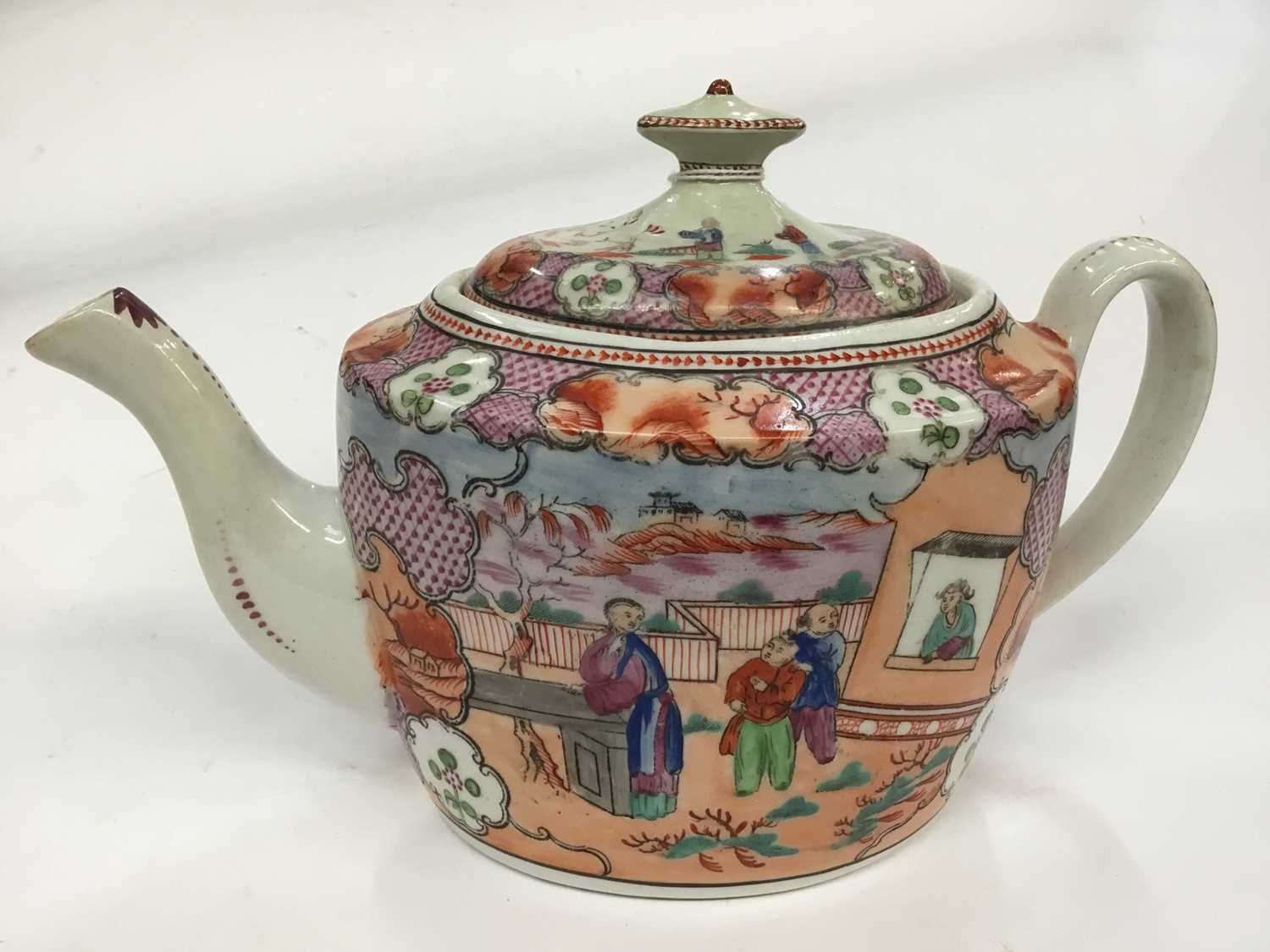 A New Hall 'Boy at the Window' teapot and cover, and three similar coffee cups, a bowl and a tea bow - Image 2 of 4