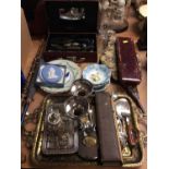 Vanity set in leather suitcase, plated ink stand, Eastern brass tray and sundries