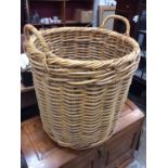Wicker log basket and two copper pots