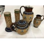 Group of five Doulton Lambeth stoneware to include a pair of vases, teapot, matching hot water pot a