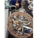 Lot of plated cutlery, other metalwork and a box of gramophone records