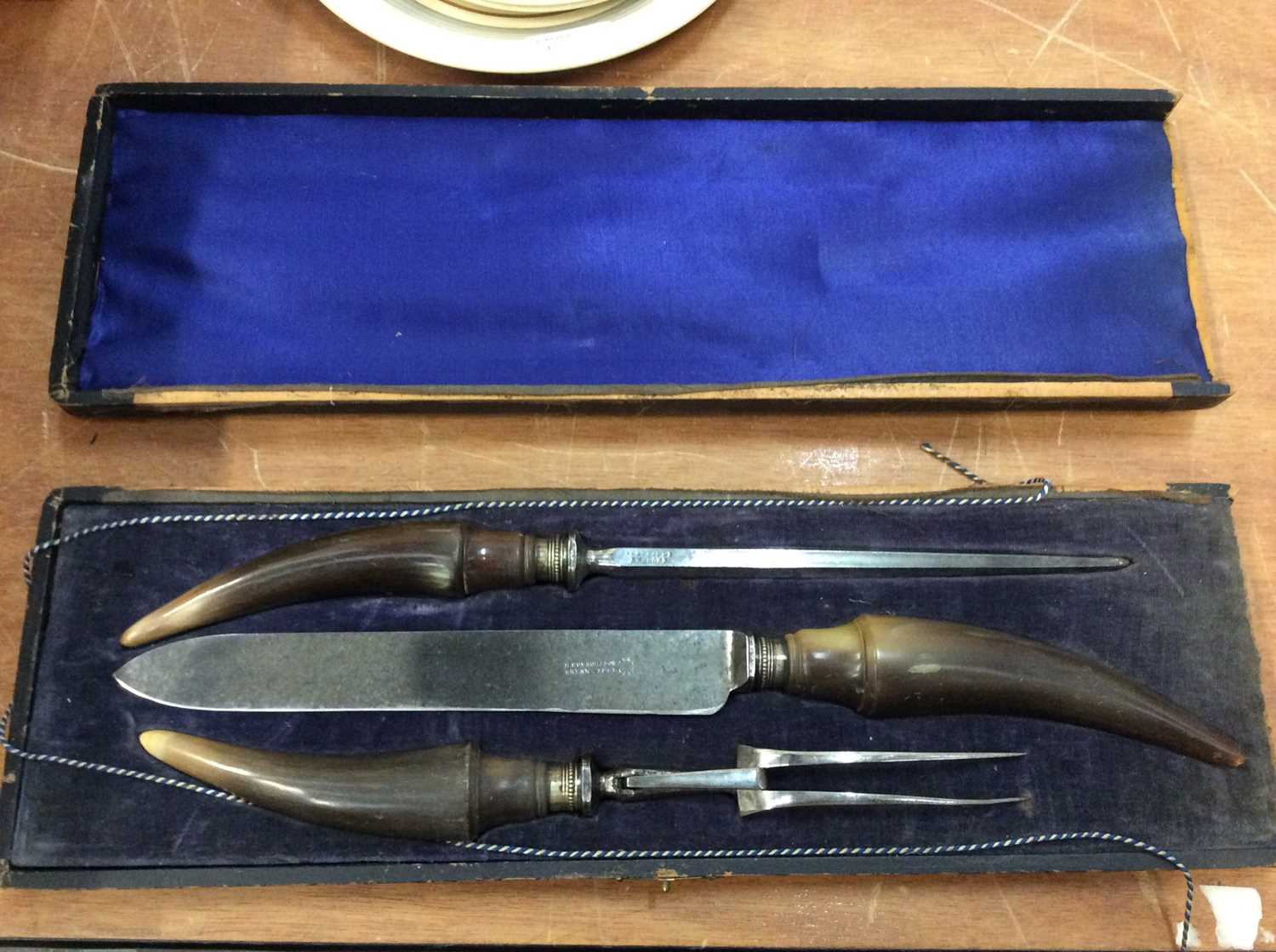 Three piece steel carving set with horn handles in fitted case together with another similar set by - Image 3 of 3