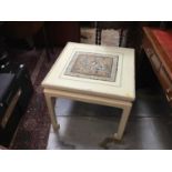 Chinese-style Cream painted, glass topped side table with Chinese embroidered panel