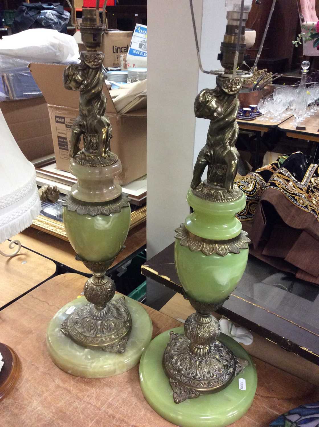 Pair green onyx table lamps with brass putti decoration, one other figure lamp, ceramic jar and arti - Image 2 of 6