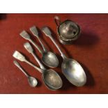 Six assorted Georgian, Victorian and later spoons and a silver mustard pot, 4.6ozs