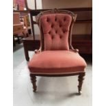 Victorian walnut framed chair with buttoned pink upholstery